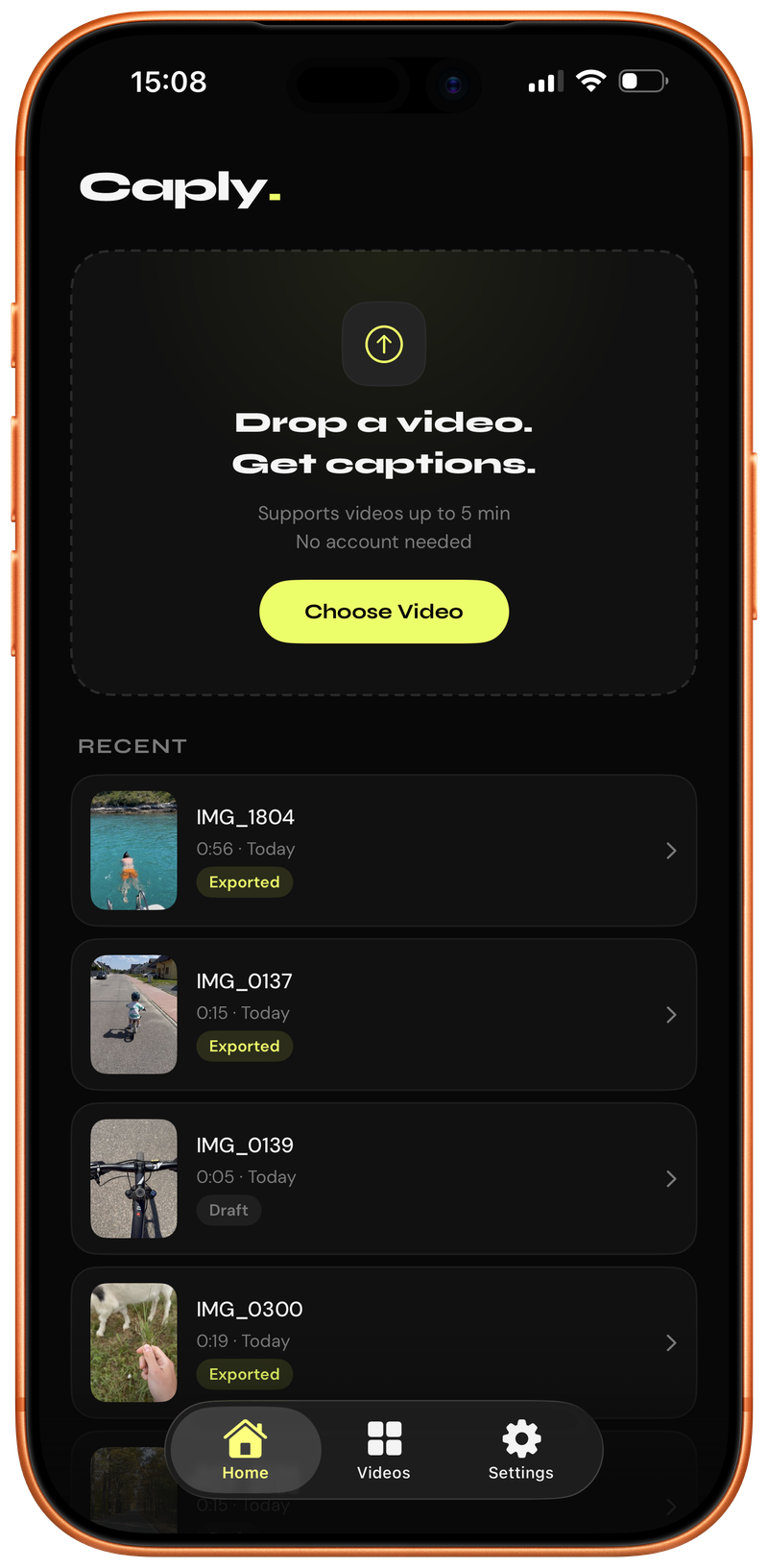 Caply home screen showing the import button